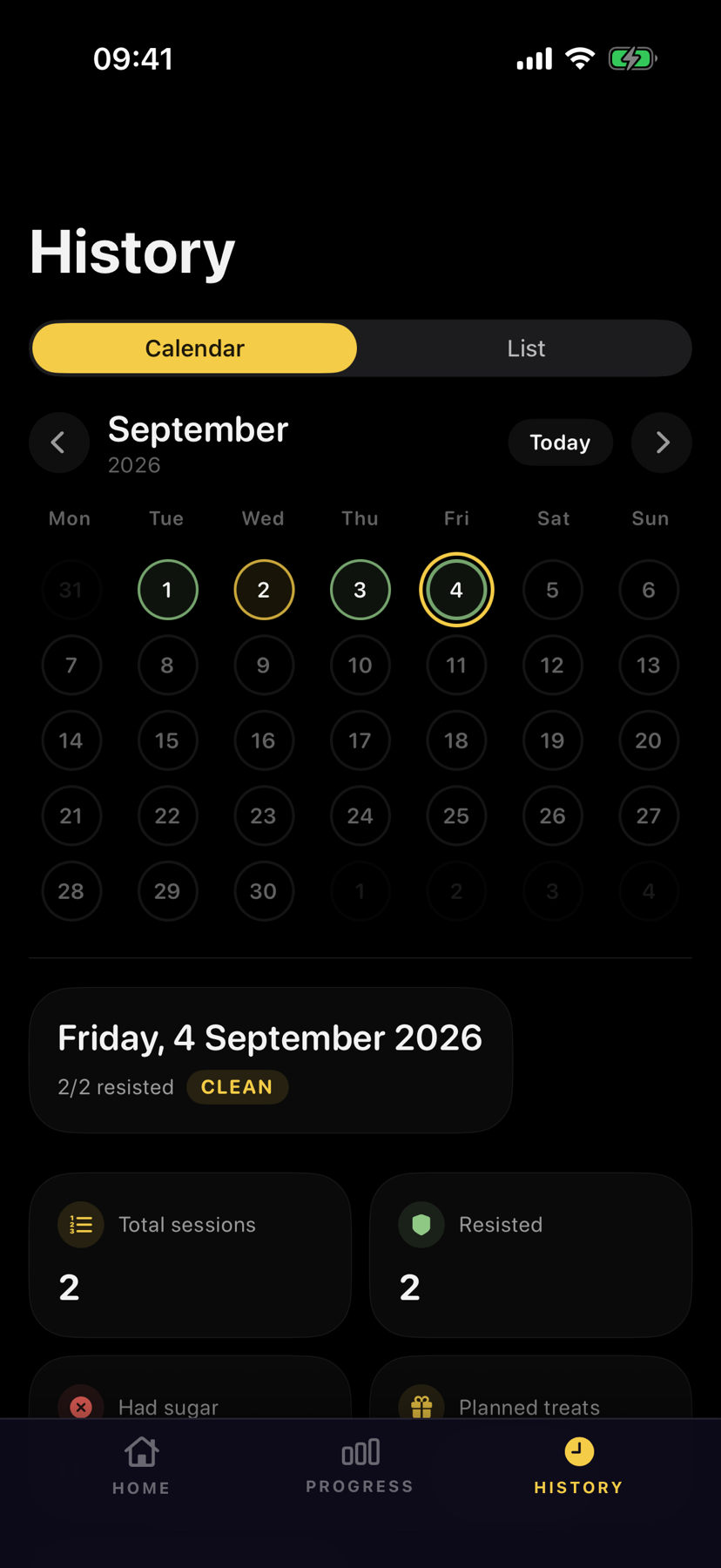 QuitSugar History screen with an honest calendar of results