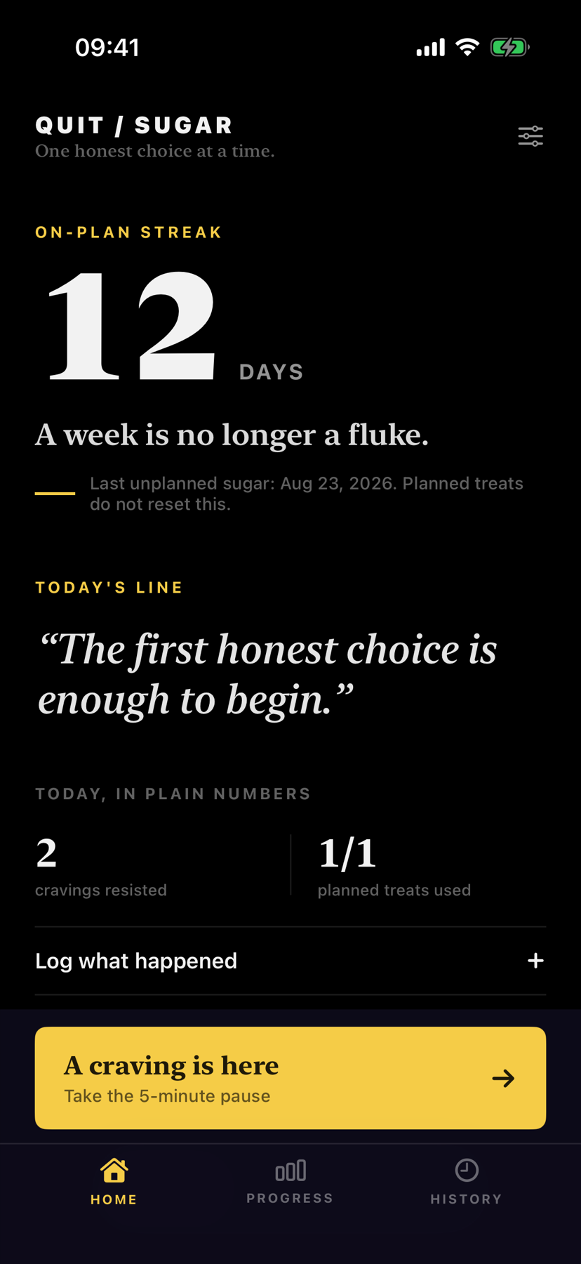 QuitSugar Home screen with an on-plan streak and original daily line
