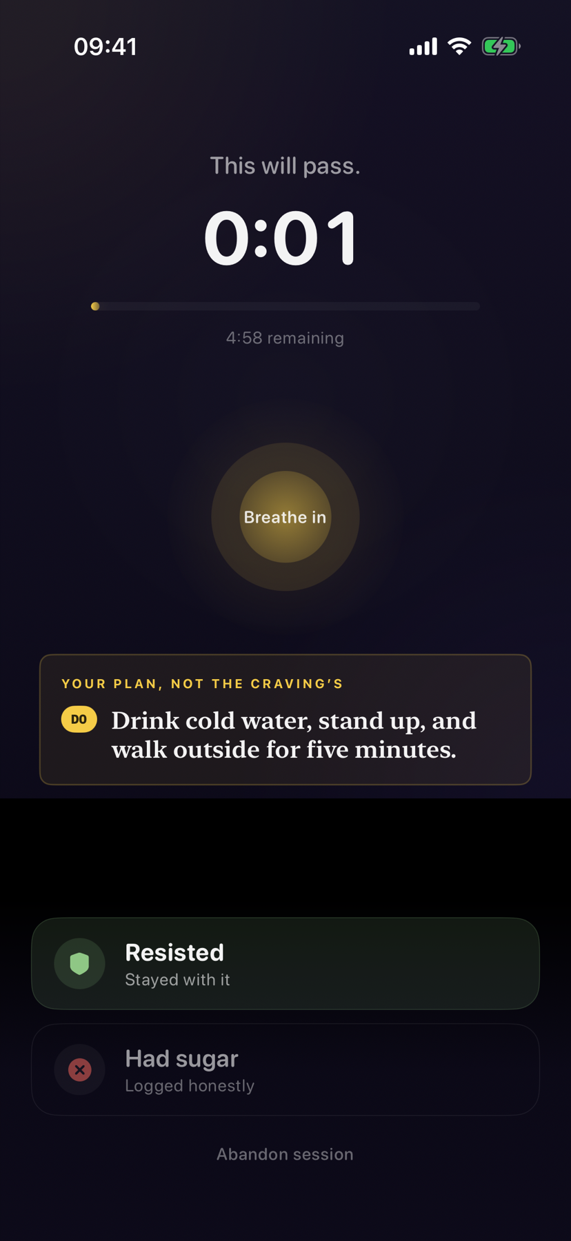 QuitSugar five-minute pause showing a personal rescue instruction